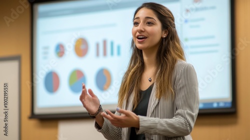 Young Woman Giving Presentation with Charts Displayed on Screen