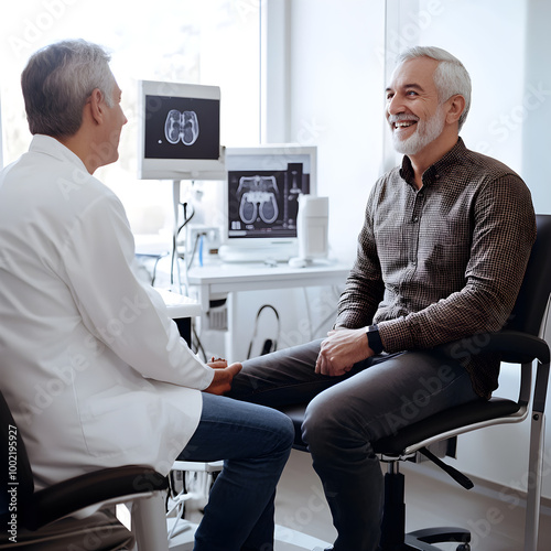 Senior patient smiling during medical consultation with urologist in clinic