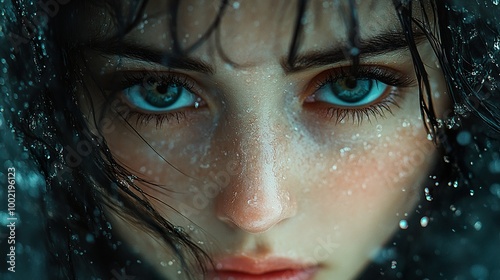 Intense Gaze: Woman with Blue Eyes and Water Drops