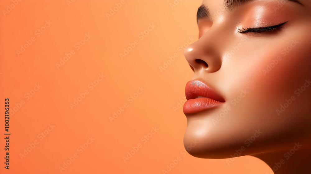 A beautiful profile of a woman with flawless skin and elegant makeup, showcasing a serene expression against a soft orange background. A beautiful profile of a woman with flawless skin and elegant makeup, showcasing a serene expression against a soft orange background.