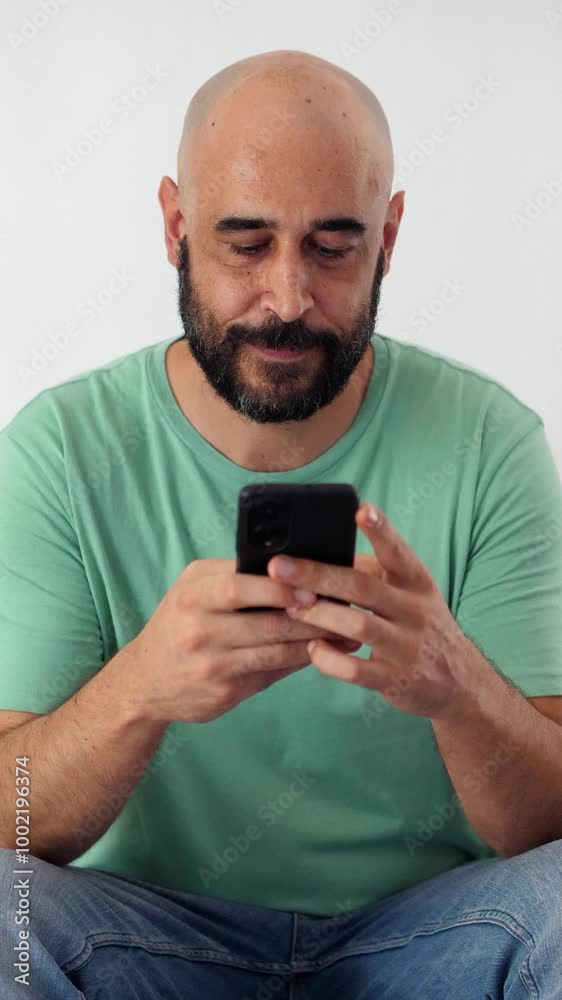Vertical. A bald young man in a green shirt sits on the couch at home, engrossed in using his smartphone, reflecting a moment of relaxation and modern lifestyle. Vertical. A bald young man in a green shirt sits on the couch at home, engrossed in using his smartphone, reflecting a moment of relaxation and modern lifestyle.