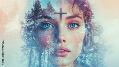 Woman's face with a cross superimposed over her forehead behind a forest in a hazy sky.