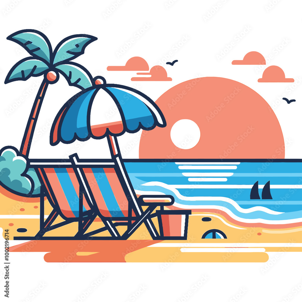 Sunset Beach Scene Relaxing Beach Chairs, Palm Trees, and Ocean View Illustration Sunset Beach Scene Relaxing Beach Chairs, Palm Trees, and Ocean View Illustration