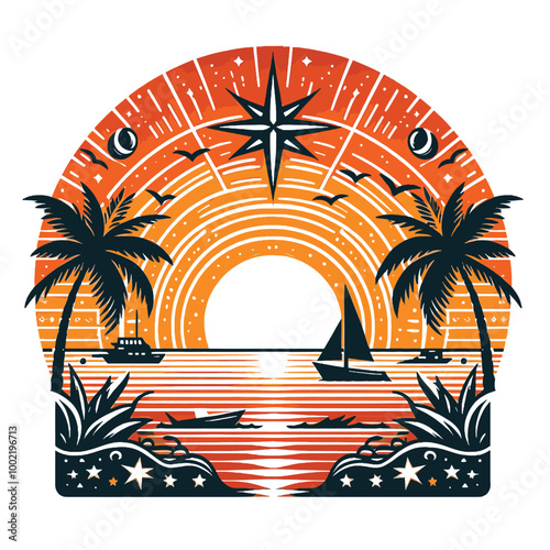 Retro Sunset Seascape Tropical Beach Illustration with Sailboats and Stars