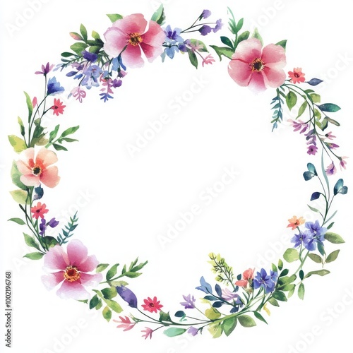 Watercolor floral circle frame isolated on white background.