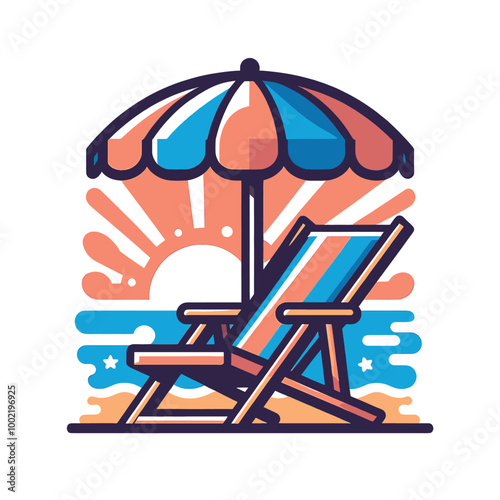 Relaxing Beach Sunset Beach Chair and Umbrella Illustration