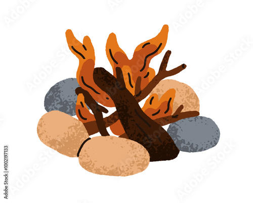 Fire, campfire with glowing flames, burning wood logs, firewood by rocks, sto...