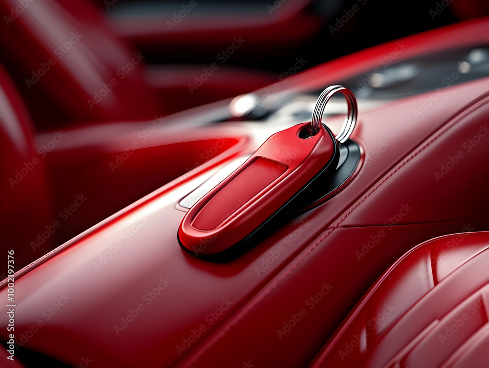 A close-up view of a sleek red car key resting on a luxurious interior, showcasing modern design and vibrant color. A close-up view of a sleek red car key resting on a luxurious interior, showcasing modern design and vibrant color.