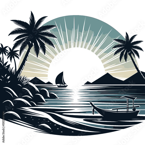 Serene Tropical Sunset Beach Scene Palm Trees, Boats, and Ocean Vista