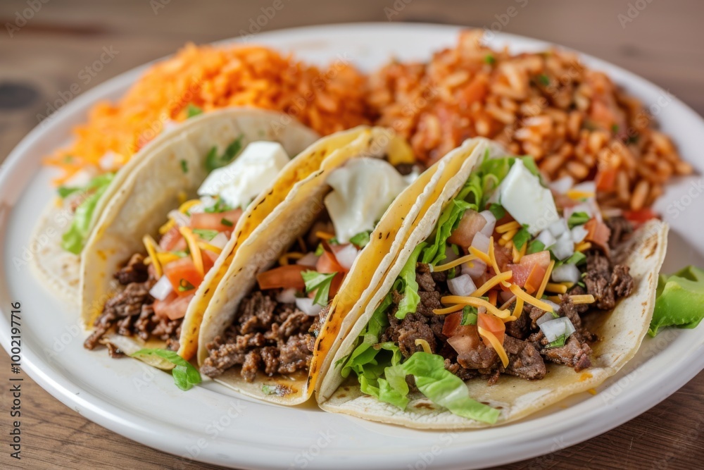 A hearty plate of beef tacos with lettuce, cheese, and salsa, served with a side of Mexican rice and beans. Copy space A hearty plate of beef tacos with lettuce, cheese, and salsa, served with a side of Mexican rice and beans. Copy space