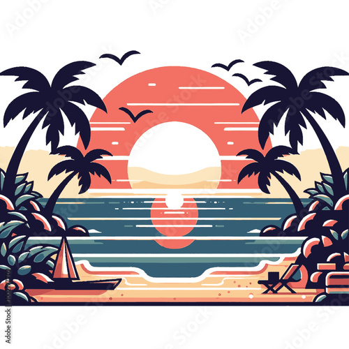 Tropical Sunset Beach Scene Palm Trees, Ocean, and Sailboat Illustration