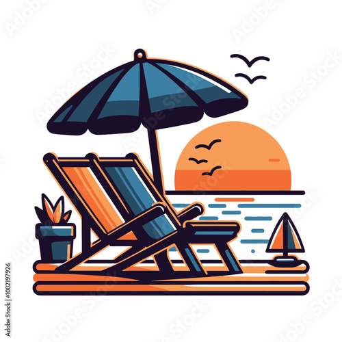 Sunset Beach Relaxation Two Lounge Chairs Under an Umbrella