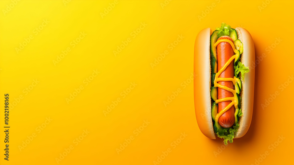 A delicious hot dog topped with mustard and fresh lettuce, set against a vibrant yellow background, perfect for food-related themes. A delicious hot dog topped with mustard and fresh lettuce, set against a vibrant yellow background, perfect for food-related themes.