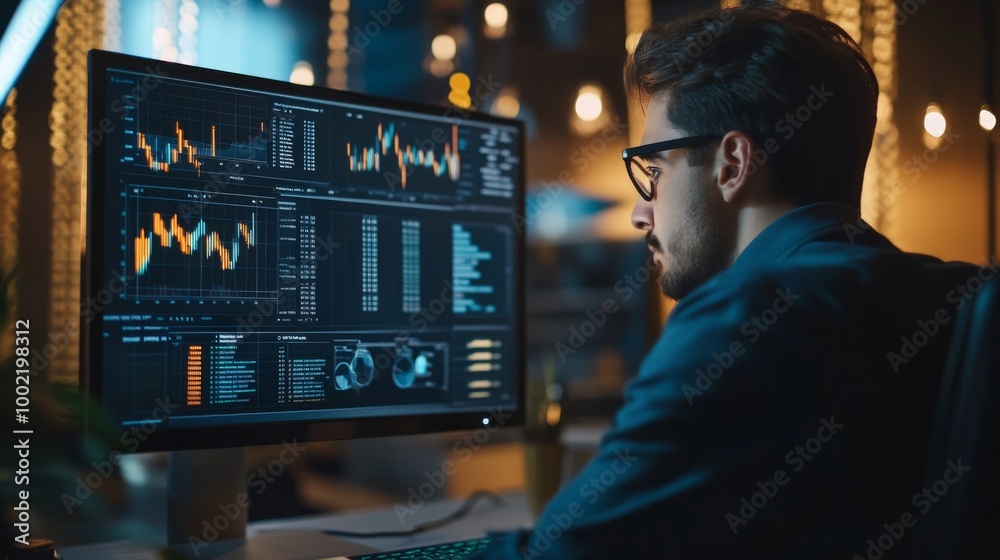 Man in Glasses Analyzing Stock Market Data on Computer Screen Man in Glasses Analyzing Stock Market Data on Computer Screen