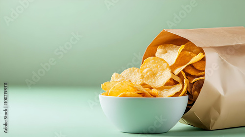 A delicious stack of crispy potato chips spilling from a brown bag into a white bowl, perfect for any snack lover. photo