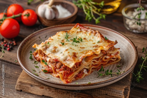 A hearty plate of lasagna with layers of pasta, meat sauce, and melted cheese, served on a rustic wooden table. Copy space