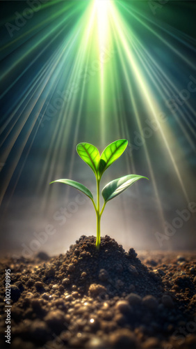 Seedling Growing in Soil with Bright Green Sunlight Rays, Hope and New Beginnings Concept
