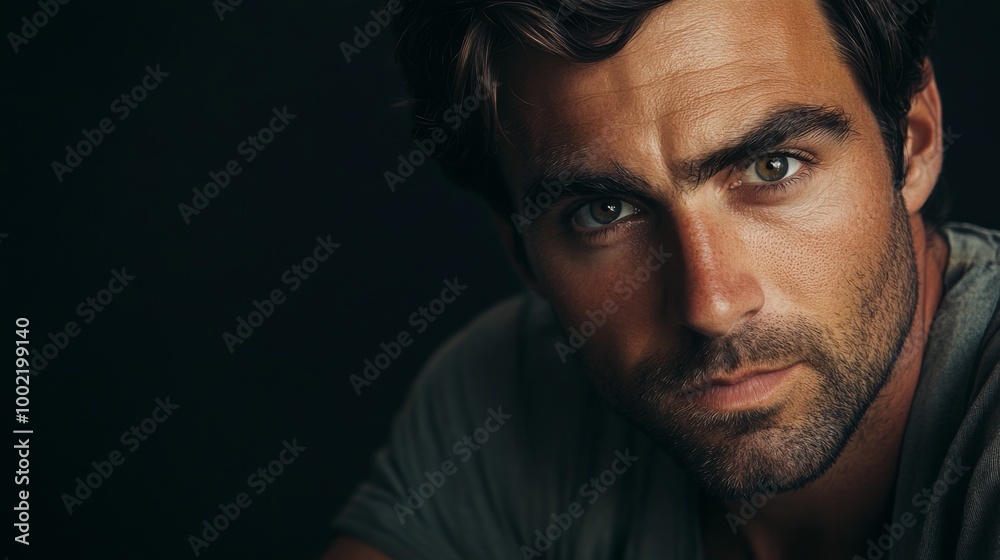 Close-up Portrait of a Man with Dark Hair and a Stubble Beard Close-up Portrait of a Man with Dark Hair and a Stubble Beard