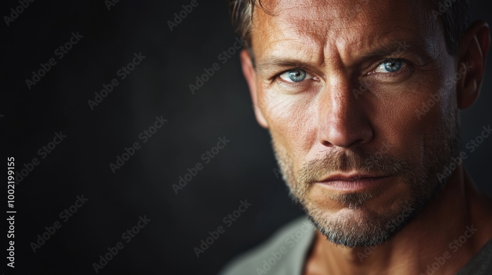 Close-up Portrait of a Man with Blue Eyes and a Stubble Close-up Portrait of a Man with Blue Eyes and a Stubble