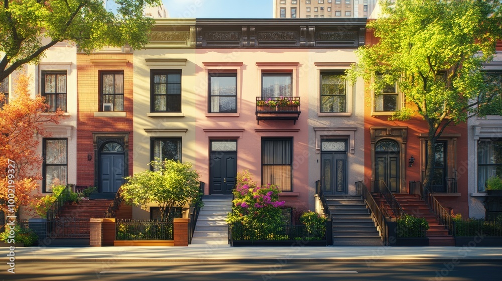 Fototapeta premium Beautiful townhouse in the city with a bright exterior, leaving ample space for copy.