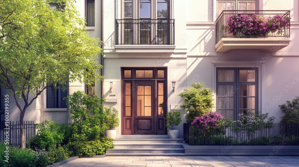 Naklejka premium Beautiful townhouse in the city with a bright exterior, leaving ample space for copy.