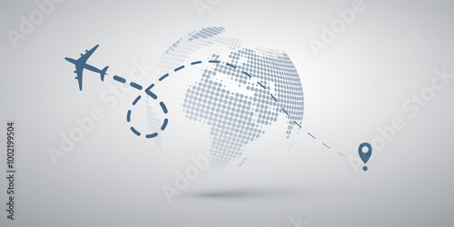 Traveling Around the World - Travel by Airplane Concept - Grey Dotted Earth Globe Design with Plane Flying in an Intercontinental Route to the Destination