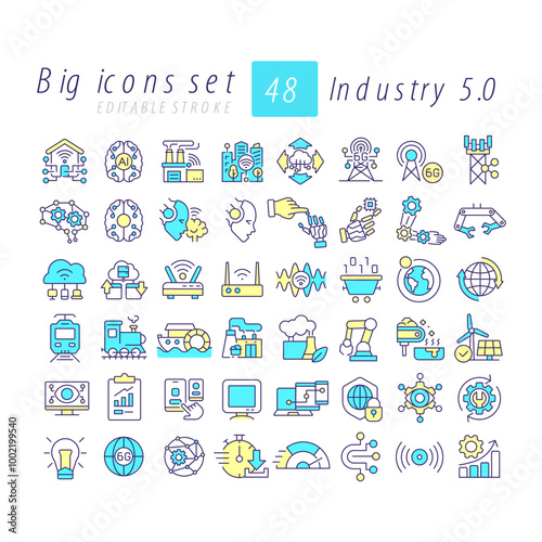 Industry 5.0 RGB color icons set. Artificial intelligence. Automation. Smart factories. Digital transformation. Isolated vector illustrations. Simple filled line drawings collection. Editable stroke