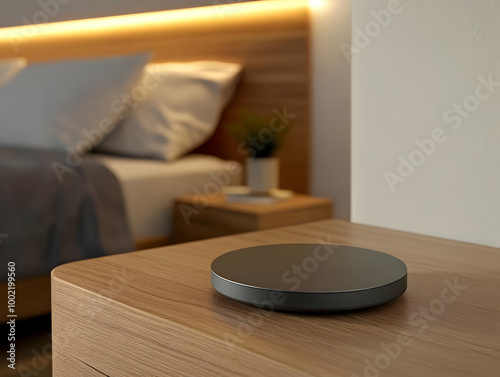 A modern bedroom scene featuring a sleek bedside table with a wireless charger, creating a cozy and stylish atmosphere.
