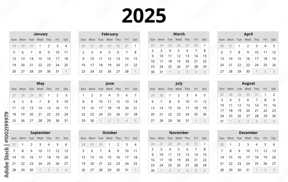 2025 year english vector calendar with 12 months grey colors 2025 year english vector calendar with 12 months grey colors