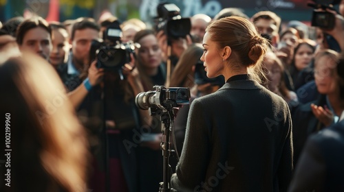 Woman Standing in a Crowd of Photographers