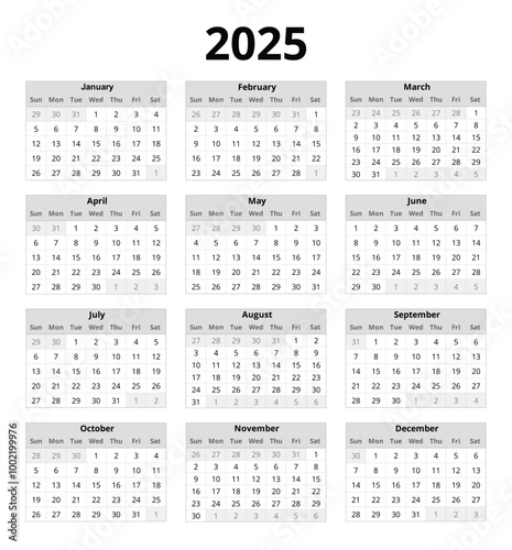 2025 year english vector calendar with 12 months grey colors