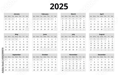 2025 year english vector calendar with 12 months grey colors