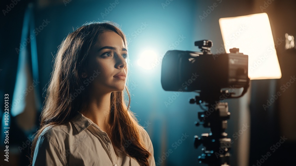 Naklejka premium Young woman looking away from the camera in a studio setting