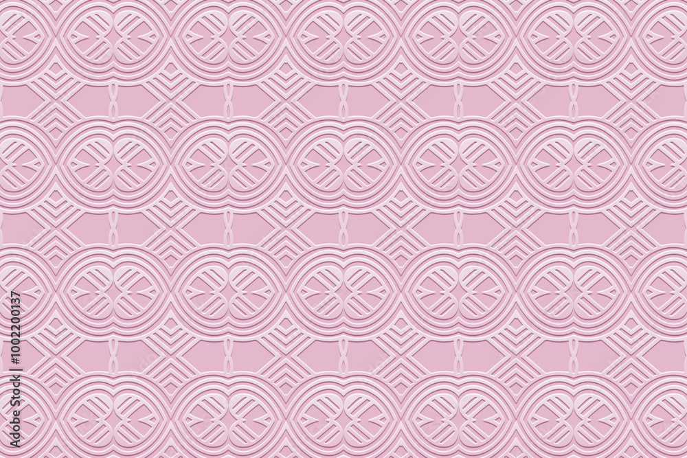 Luxury satin pink background, tribal design cover, banner. Geometric 3d pattern with hearts, embossing. Textured ethnic ornaments, arabesques, mandala of the East, Asia, India, Mexico, Aztec, Peru.
