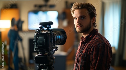 A young man with a beard and plaid shirt stands behind a professional camera