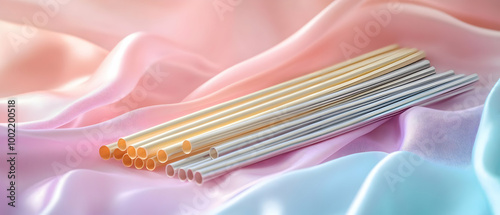 A serene arrangement of colorful straws on soft pastel fabric, perfect for vibrant drink presentations and creative party settings.