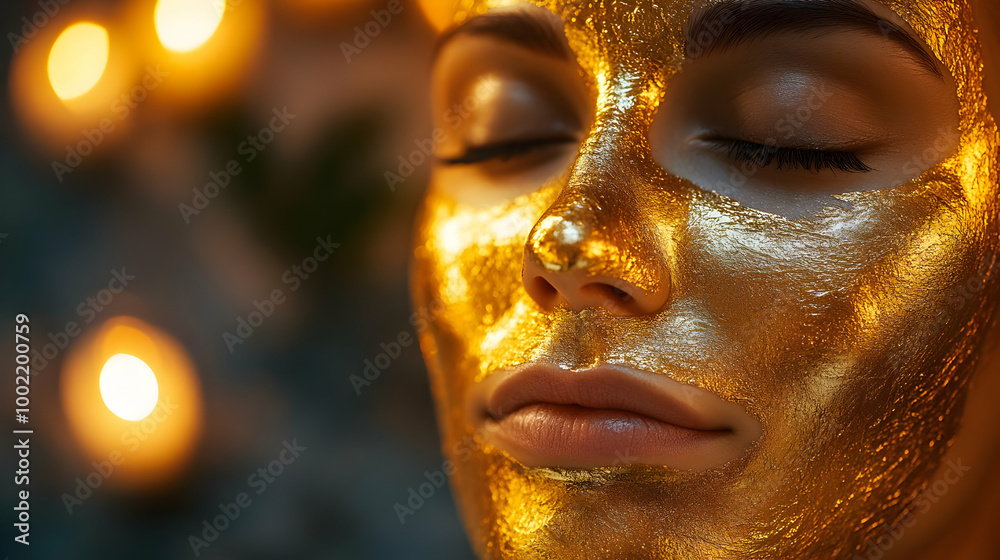 A serene close-up of a person with luxurious gold facial mask, highlighting beauty and relaxation in an elegant spa setting. A serene close-up of a person with luxurious gold facial mask, highlighting beauty and relaxation in an elegant spa setting.