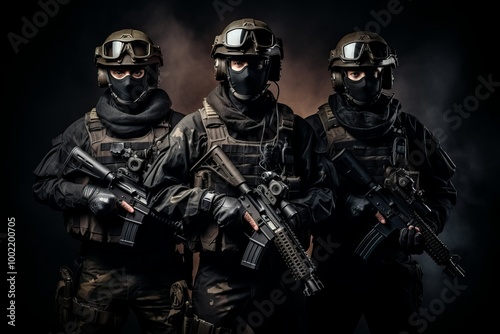 Three soldiers in tactical gear pose with rifles in a dramatic setting at night