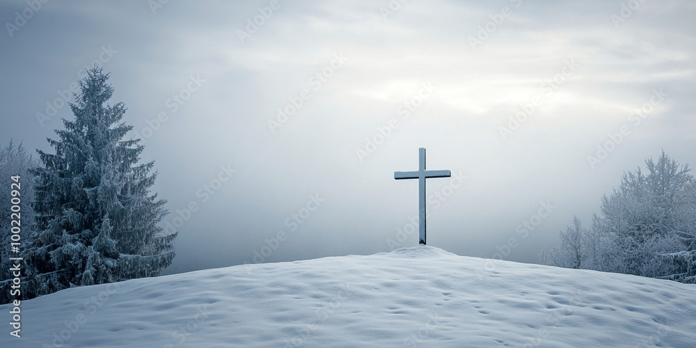Minimalistic Christian religious background with cross on hill Minimalistic Christian religious background with cross on hill