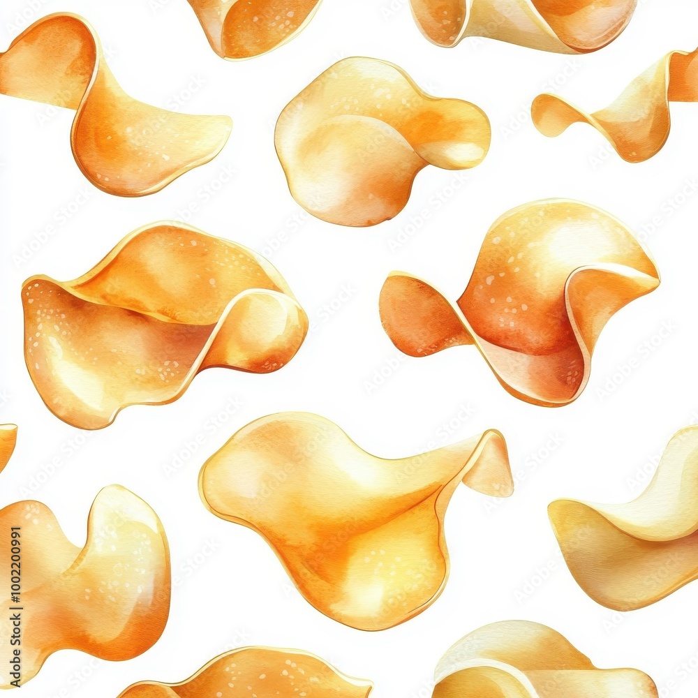 Watercolor seamless pattern of crisps, isolated on a white background, artistic and visually engaging. Watercolor seamless pattern of crisps, isolated on a white background, artistic and visually engaging.