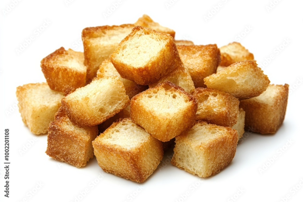 Croutons. Delicious Bread Snack with Crunchy Texture, Isolated on White Background Croutons. Delicious Bread Snack with Crunchy Texture, Isolated on White Background