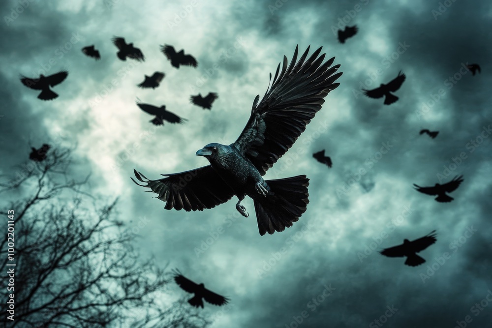 Obraz premium Crows In Flight. A Flock of Black Birds Soaring in Overcast Cloudy Sky