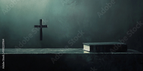 Minimalistic Christian religious background with cross and bible photo