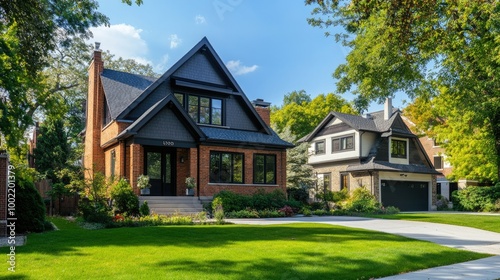 Contemporary home in an urban neighborhood, with room for text in the background.