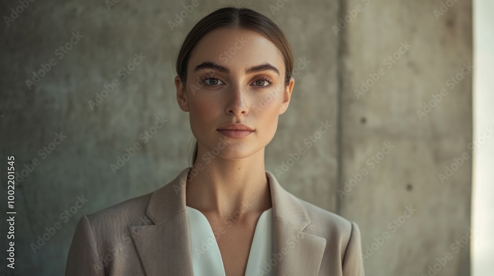 Portrait of a Woman with Blonde Hair, Wearing a Beige Blazer Portrait of a Woman with Blonde Hair, Wearing a Beige Blazer