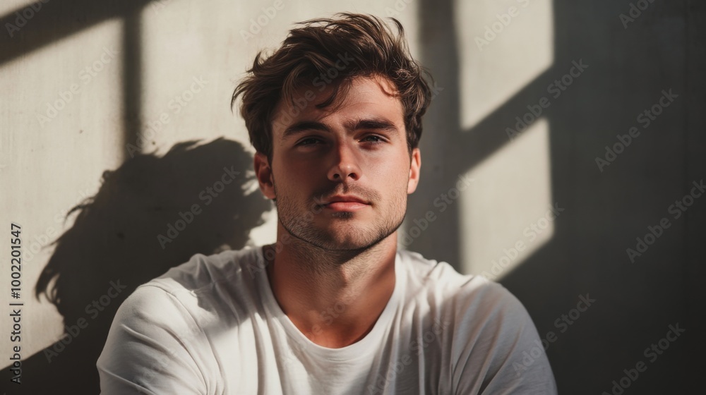 Fototapeta premium Young Man with Brown Hair Looking Directly at Camera in a White T-shirt