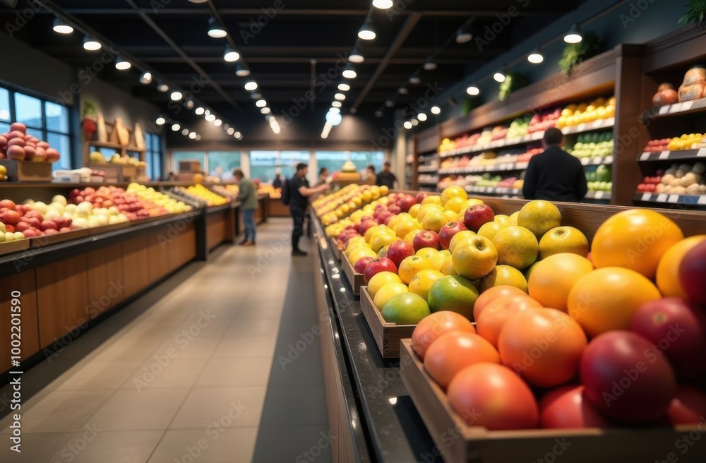 Large fruit section in a supermarket. Generative AI tools Large fruit section in a supermarket. Generative AI tools