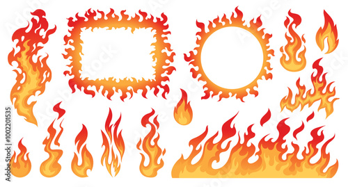 Cartoon set burning flames, wildfire elements, fire flame spurts, tongues of flame, ring of fire, frame of fire, bonfire. Burn red flames,  fireballs, symbols, illustrations isolated on white. 