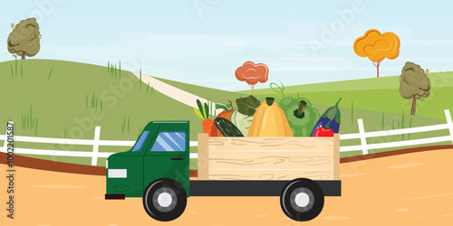 Vegetableloaded green truck driving by, fence and lush field with trees and a pathway behind