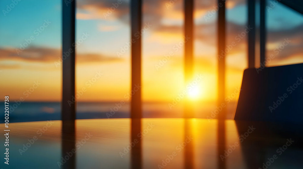 A serene sunset viewed through window bars, casting warm tones on a reflective table surface. Perfect for relaxation themes. A serene sunset viewed through window bars, casting warm tones on a reflective table surface. Perfect for relaxation themes.